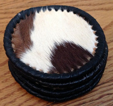VINTAGE COWHIDE DRINK COASTER 4PC SET HAIR-ON LEATHER HANDMADE ROUND 3"x3"