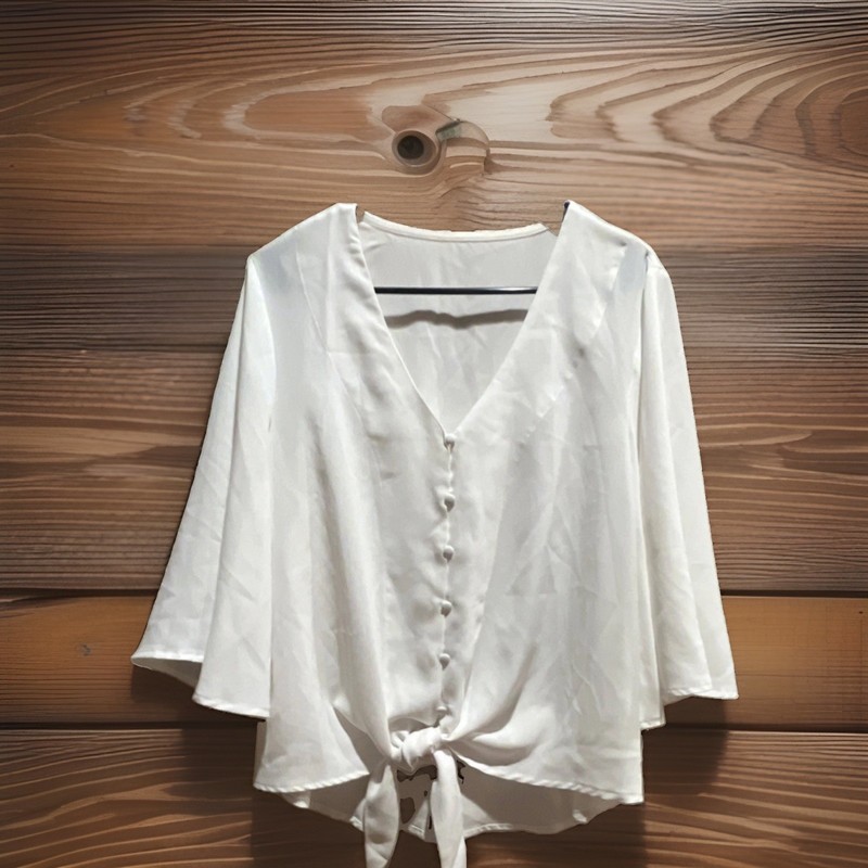 White Chiffon Button Tie Front 3/4 Flared Sleeve Blouse Women's Size L