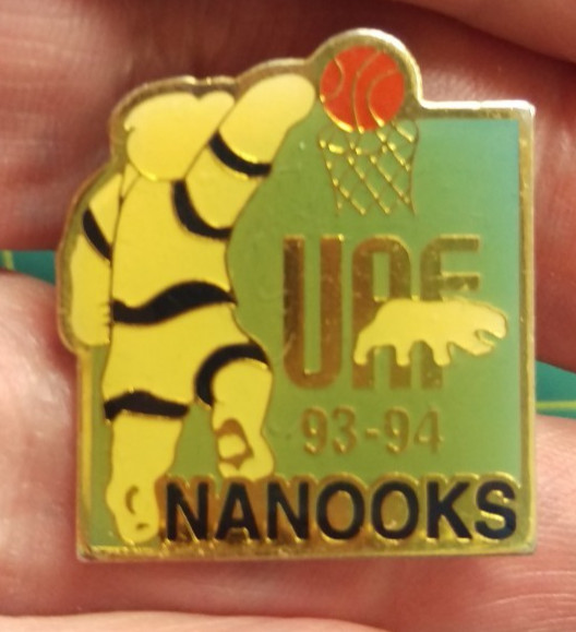 UAF Pin - University of Alaska Fairbanks Basketball 1993 - 94 Nanooks pinback 1"