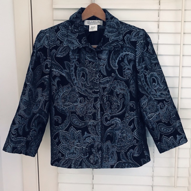 Harve Benard Blazer Women 8P Open Front Blue Black Paisley Tapestry 3/4 Sleeve
