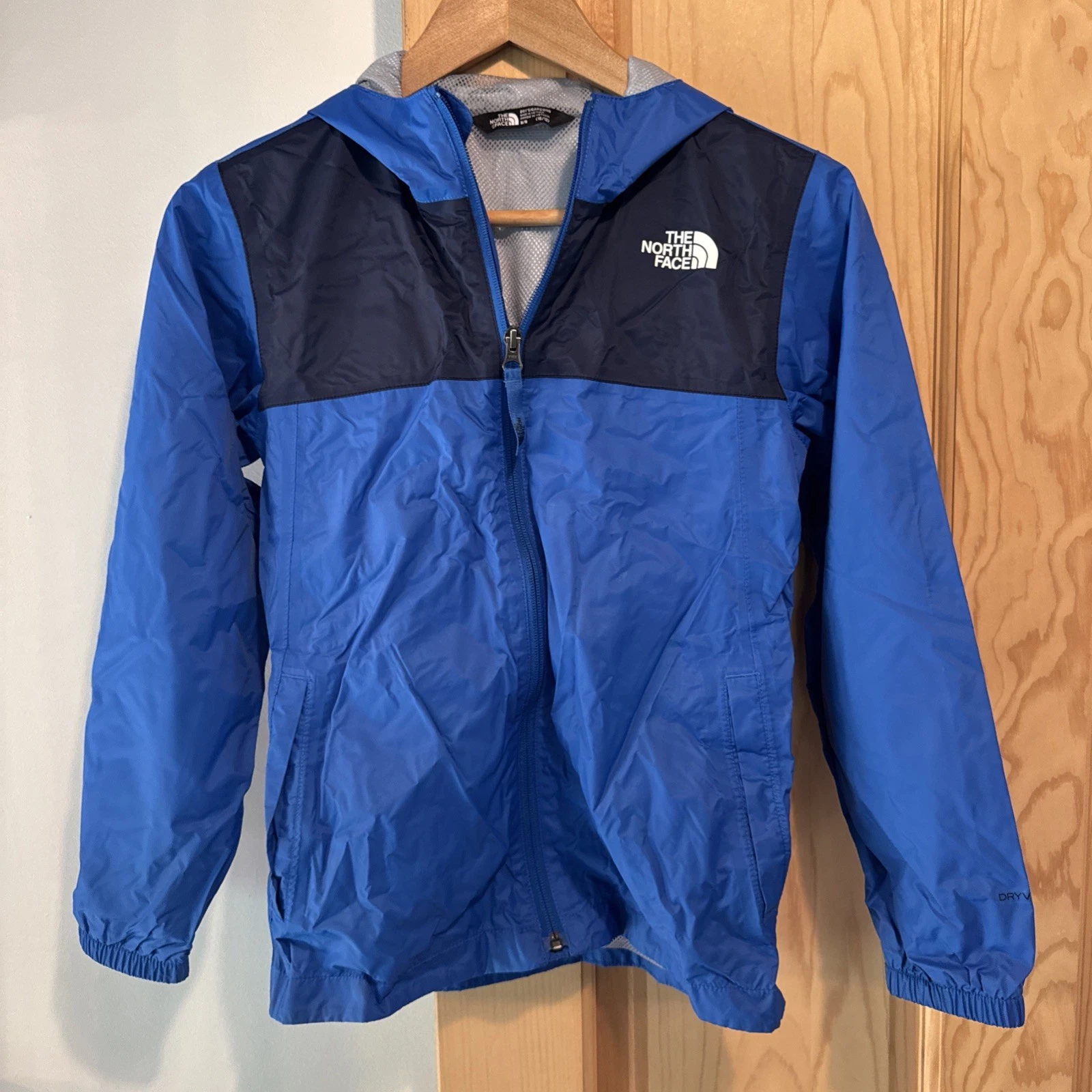 North Face Jacket Boys Medium 10/12 Blue Hood Light Full Zip Rain Wind DryVent