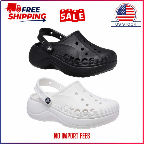SALE Crocs Women's Baya Platform Clog Black White Casual Comfort Slip On Shoes