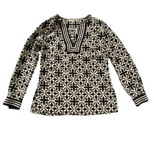 Trina Turk 100% Silk Blouse Black/White Geometric Pattern Size M USA Made