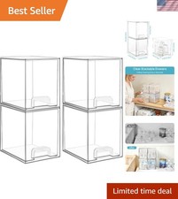 Clear Stackable Storage Drawers, 4 Pack Tall Plastic Organizers  Clear Pull-...