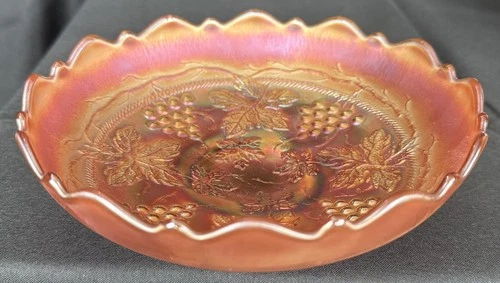 1910 Northwood Carnival Glass Grape & Cable Footed Bowl Petal & Point Rim