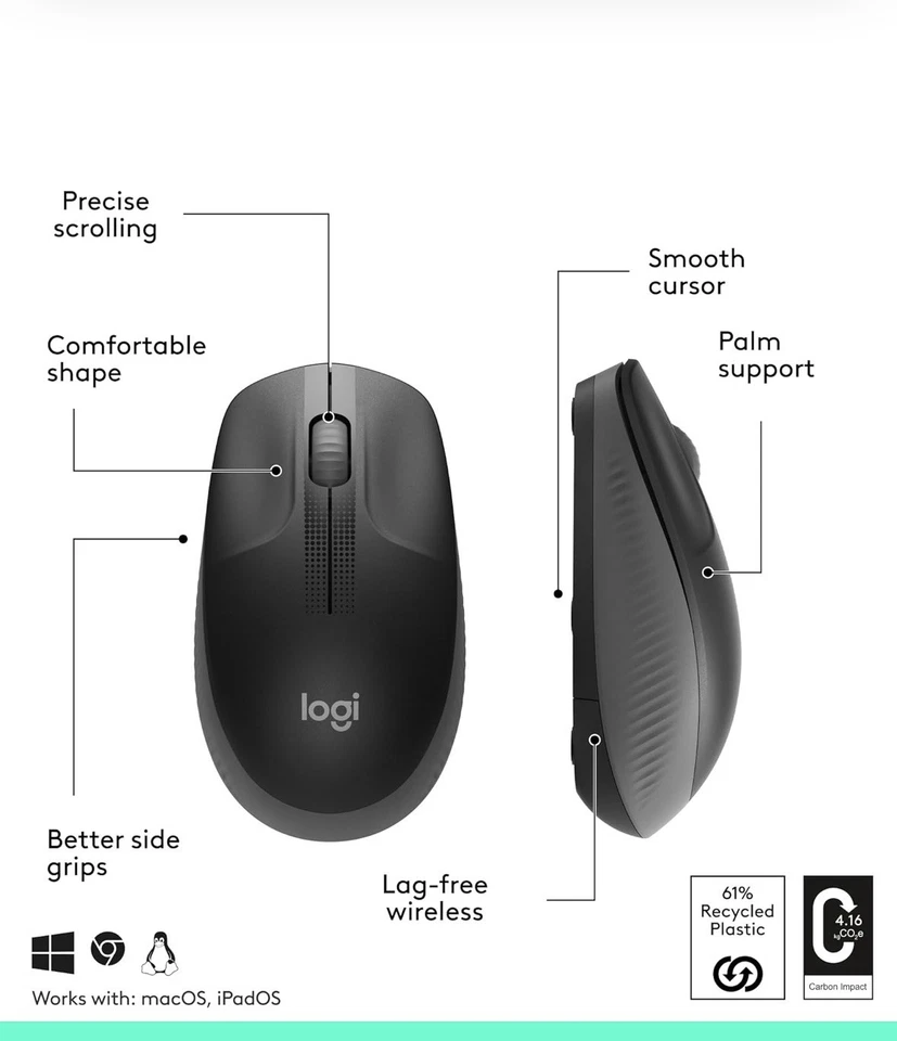 Logitech M190 Wireless Mouse Full Size Comfort Curve Design 1000Dpi Charcoal - Image 2 of 4