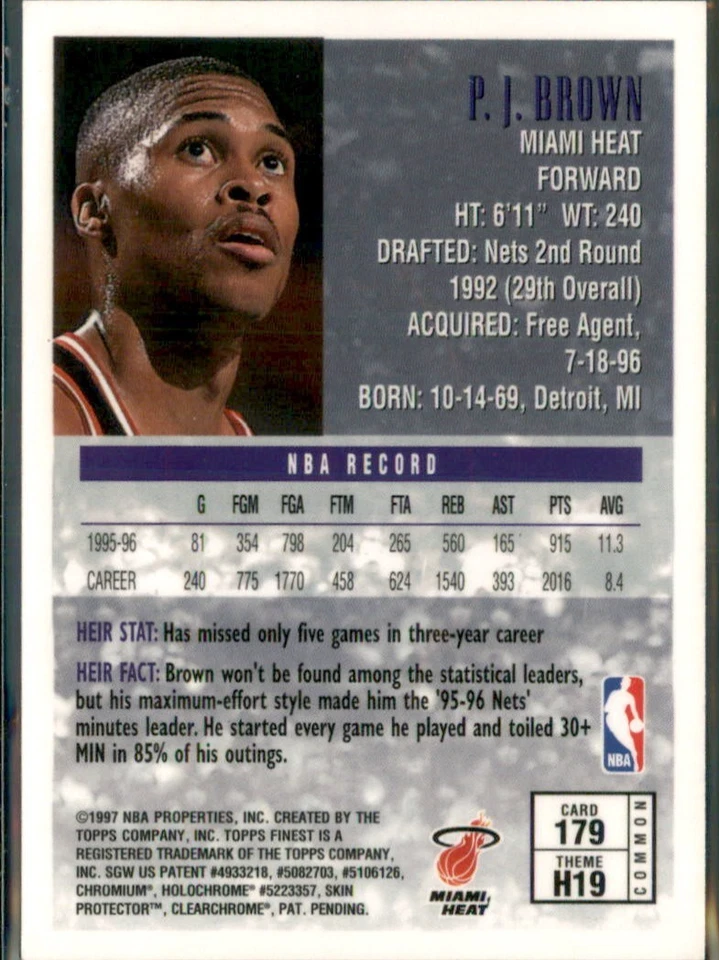 1997 Topps Finest Heirs #179 P.J. Brown Auto/Signed IP - Image 2 of 2