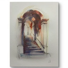 Original Classical Watercolor 8x10 Painting Architecture Staircase