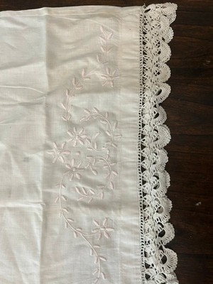 1 Vintage Pillow Case with Crochet Trim and Blush Embroidery