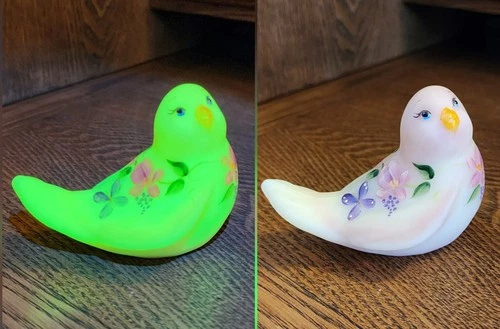 Fenton Burmese Uranium Hand-painted Floral Song Bird
