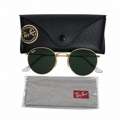 Ray-Ban RB3447 Round Metal Sunglasses 50mm Gold Frame Green Lens Made in Italy