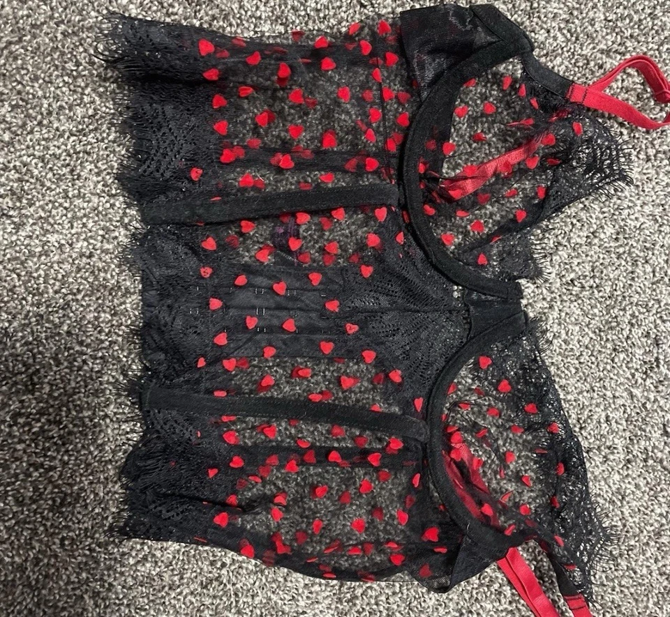 Sexy Dreamgirl Black Lace W/ Red Hearts Corset Style 12662 Size Large Foto 3 de 4