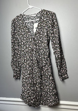 Elodie Womens Wrap Dress Black Floral Long Sleeve Above Knee Side Tie S New