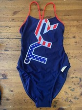 NWT TYR Women's Big Logo USA FLAG Cutoutfit Swimsuit SIZE 34 Red White  Blue