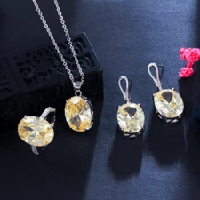 Yellow CZ Oval Pendant Necklace Earrings Ring Jewelry Silver Plated Party Set