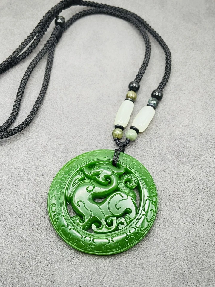 Ожерелье с подвеской в виде нефритового дракона с бисером шнур ручной работы резной зеленый драгоценный камень - Изображение 4 из 4