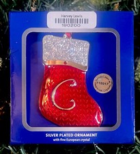 Harvey Lewis Letter C Christmas Ornament Red Initial Swarovski Silver Stocking