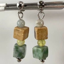 925 Sterling Silver Unsigned Artisan Jade and Yellow Jasper Dangle Earrings