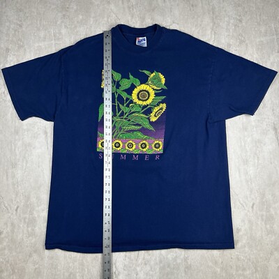 Vintage 90s Summer Sunflower T-Shirt Blue Nature Flowers Hanes