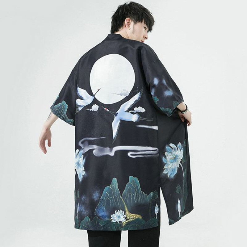 Robe Kimono Homme Légère Imprimée – Veste Japonaise Style Yukata, Peignoir Ouvert Long Cardigan Décontracté