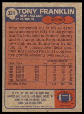 1985 Topps #324 Tony Franklin TsdkZW | eBay