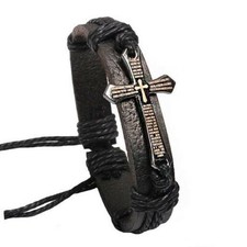 Leather Christian Cross Spanish Lord's Prayer Adjustable Cord Religious Bracelet