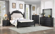 Traditional 6Pc King Size Upholstered Panel Bed Set Furniture Dark Brown Finish