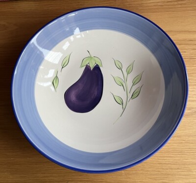 Große runde blau creme Keramik Obstschale Schale 11x3,5 im auberginenfarbenen Design