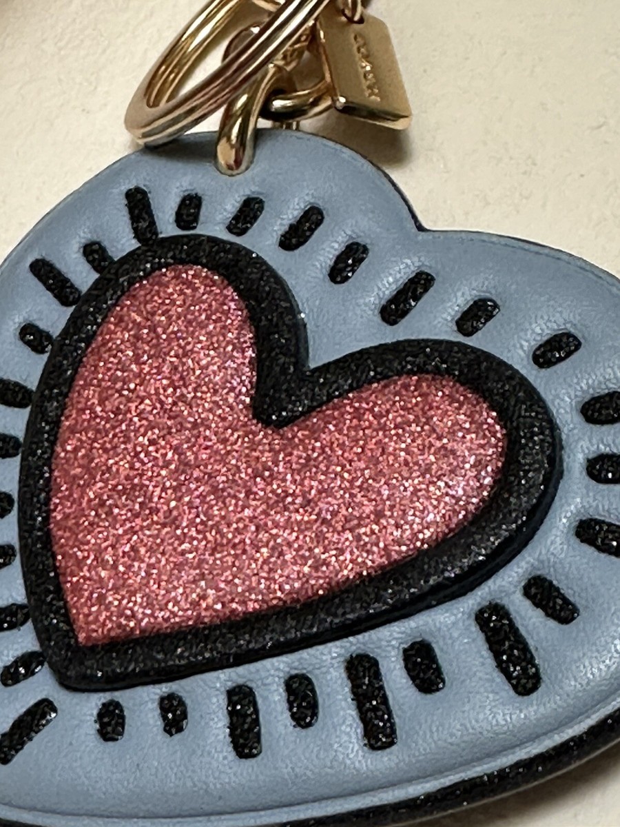 NEW COACH X KEITH HARING BLUE/PINK GLITTER HEART BAG CHARM