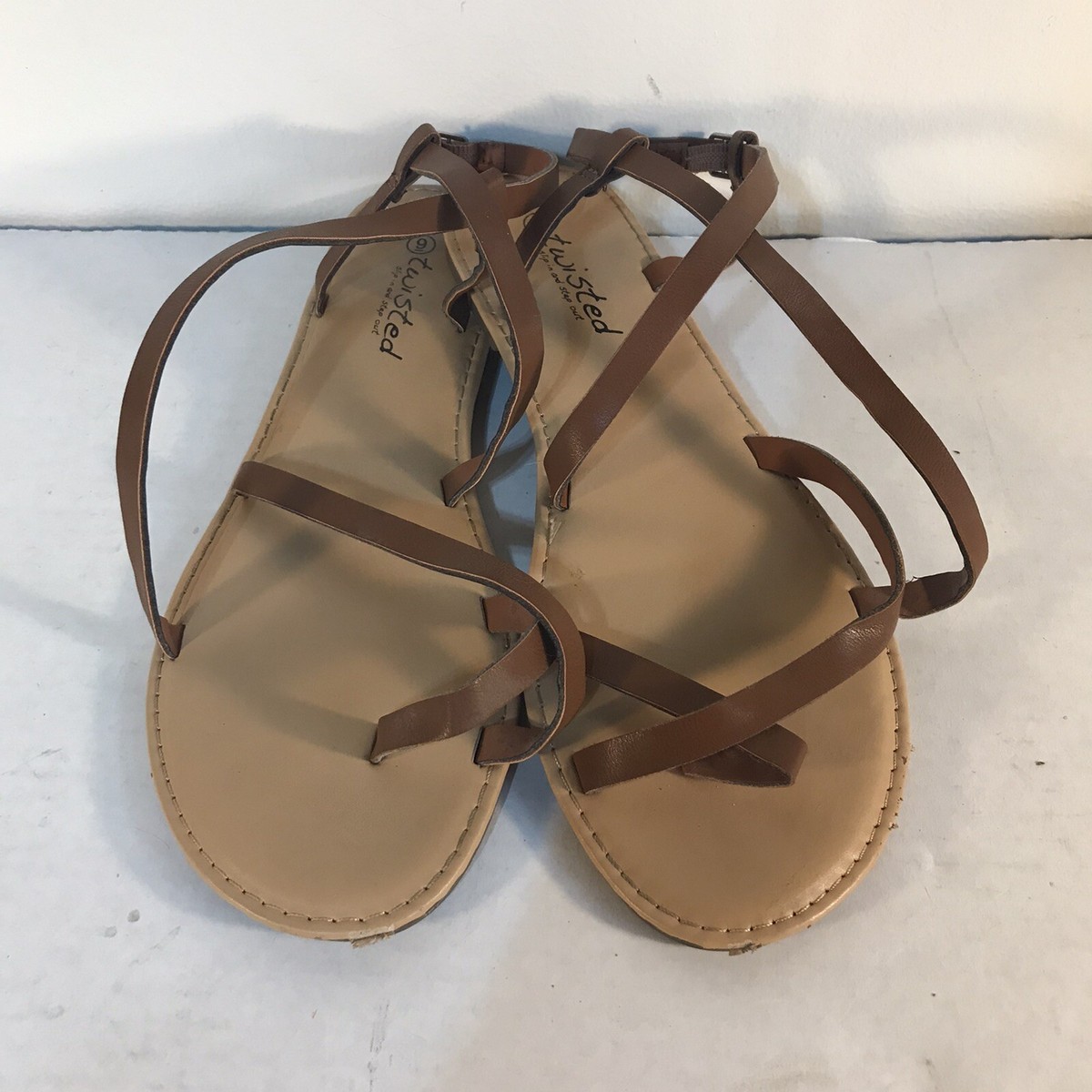 Twisted Brown Leather Strappy Flat Sandals Buckle Womens