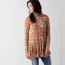 Free People ANNABELLE TUNIC Mod Boho Print Long Sleeves Mock Neck Open Back Sz S