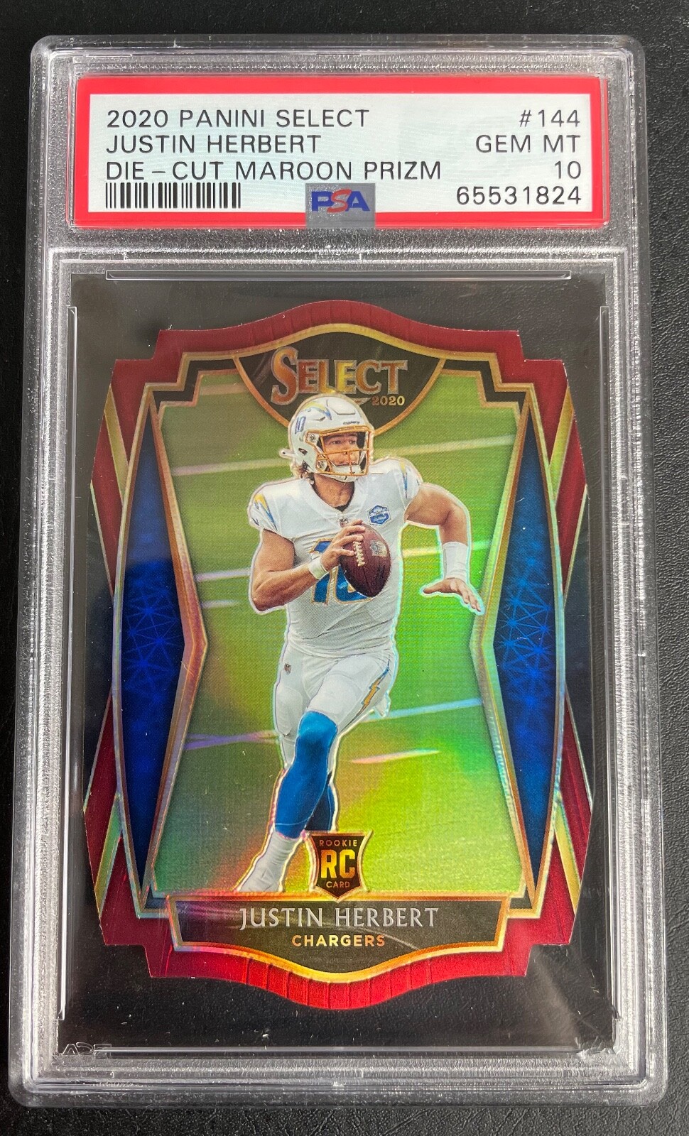 Justin Herbert PSA 10 GEM 2020 Panini Select Maroon Premier Die-Cut Prizm RC 144