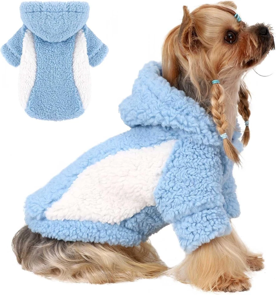 Small Dog Hoodie Sweater with Hat Warm Soft Pet Clothes Winter Coat Blue - Image 2 of 4