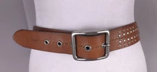 Fossil Belt Mens Brown Studded Genuine Leather Grommet Silver Buckle Western