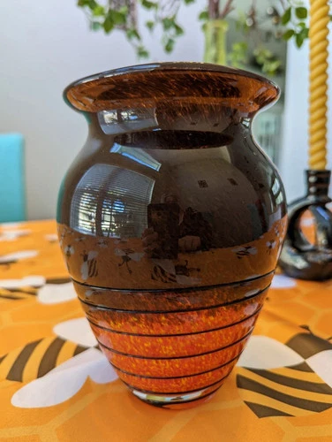 MCM Orange and Brown Ombre Hand Blown Art Glass  Vase Murano  Style Vintage 70s
