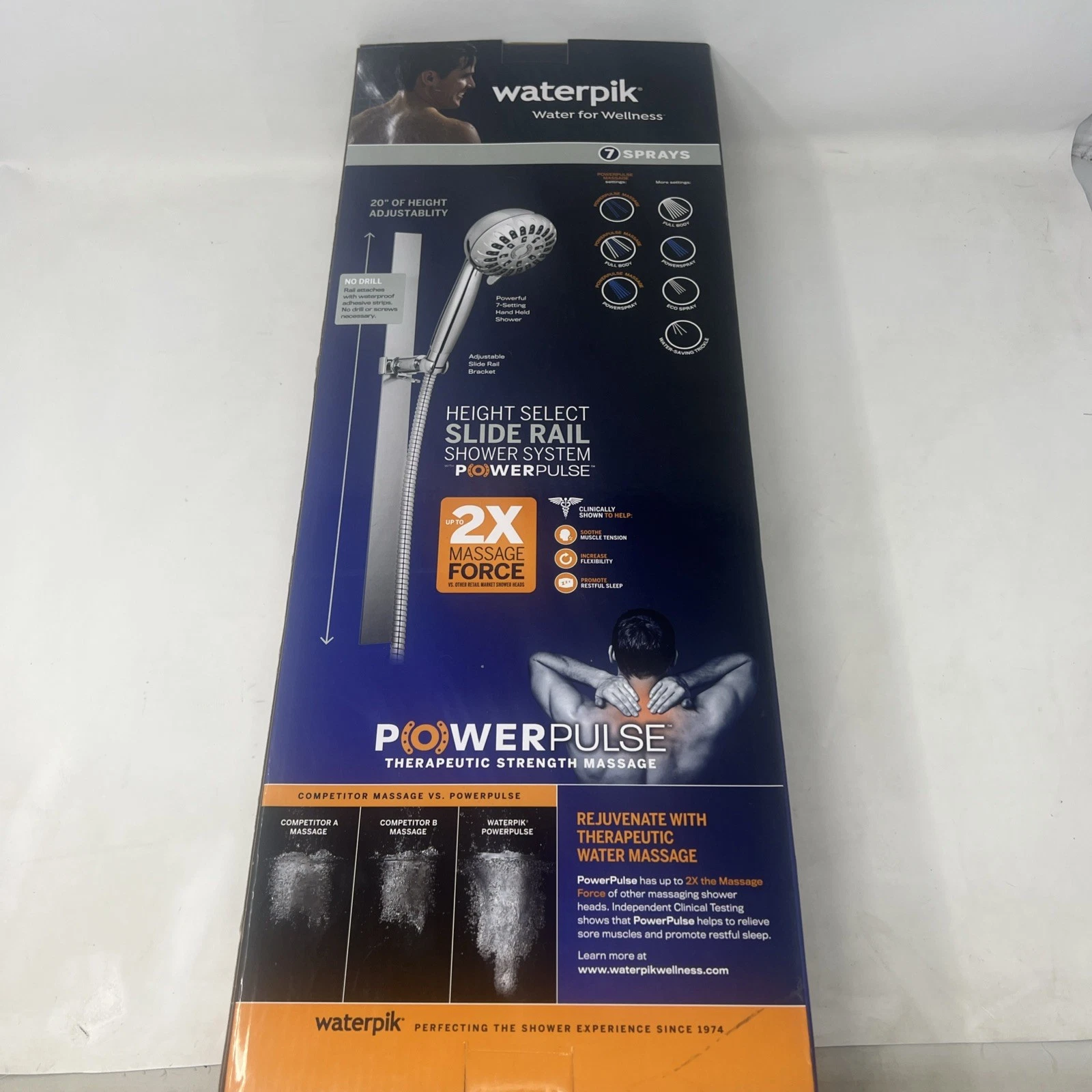 Waterpik Chrome Round Handheld Shower Head Slide Rail 7 Sprays Power Pulse
