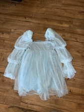 ASOS LUXE Light Blue Pearl Accent Tulle A-Line Dress US 6 Sheer Balloon Sleeve