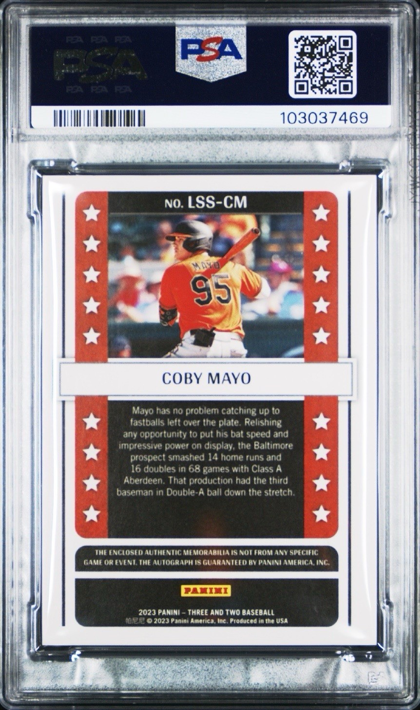 2023 Three And Two Coby Mayo Lone Star Sig Holo Gold /25 Patch Auto PSA 10 view 2
