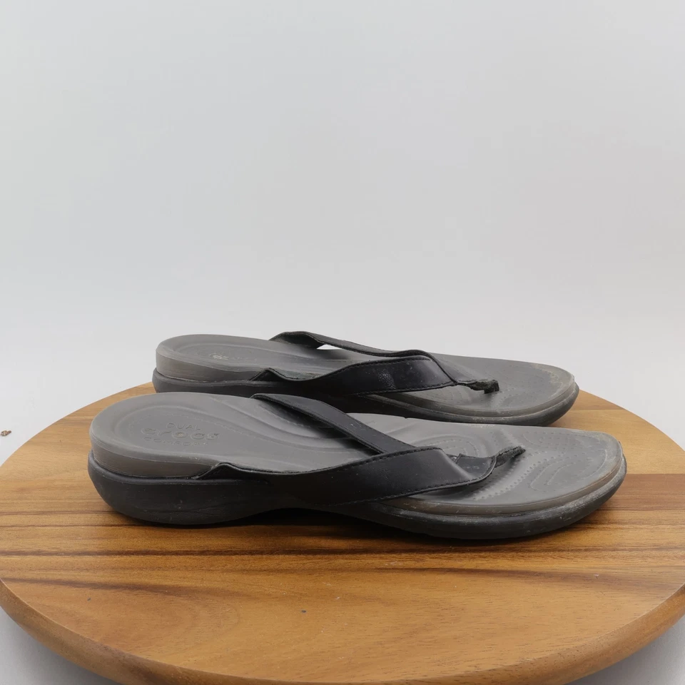 CROCS Dual Comfort Capri Women’s Size 9 Black Leather Thong Flip Flop Sandals - Image 3 of 4