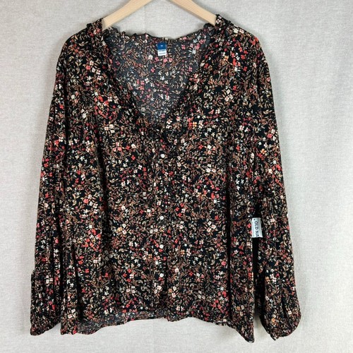 Old Navy Womens Micro Floral Button Up Top Size 2X Peasant Boho Ruffle Vneck NEW - Picture 2 of 12