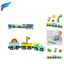 Magnetic Wooden Train Set: 1 Locomotive, 2 Carriages Animals for Toddlers