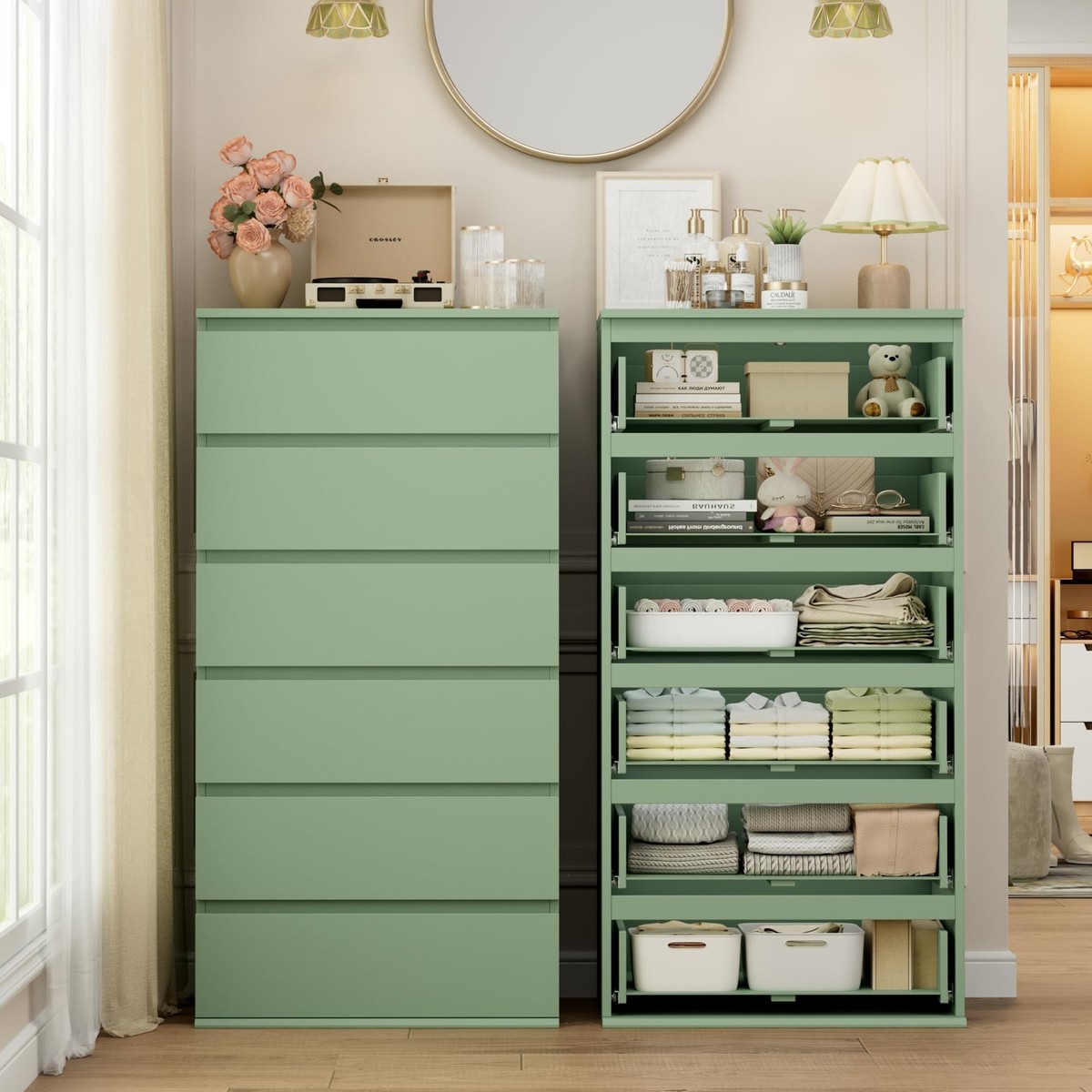 Green Dresser, 6 Drawer Dresser, Modern Tall Floor Storage Cabinet with  Metal... | eBay
