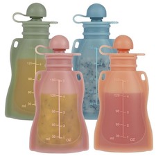 Reusable Baby Food Pouches with Straws, 4 Pack Refillable Silicone Squeezable Po