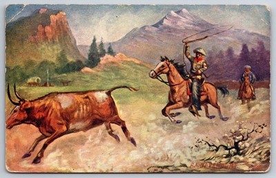 RA Davenport Cowboy Western Artist~Roping~Cowboys Chase Steer With Lasso~#209