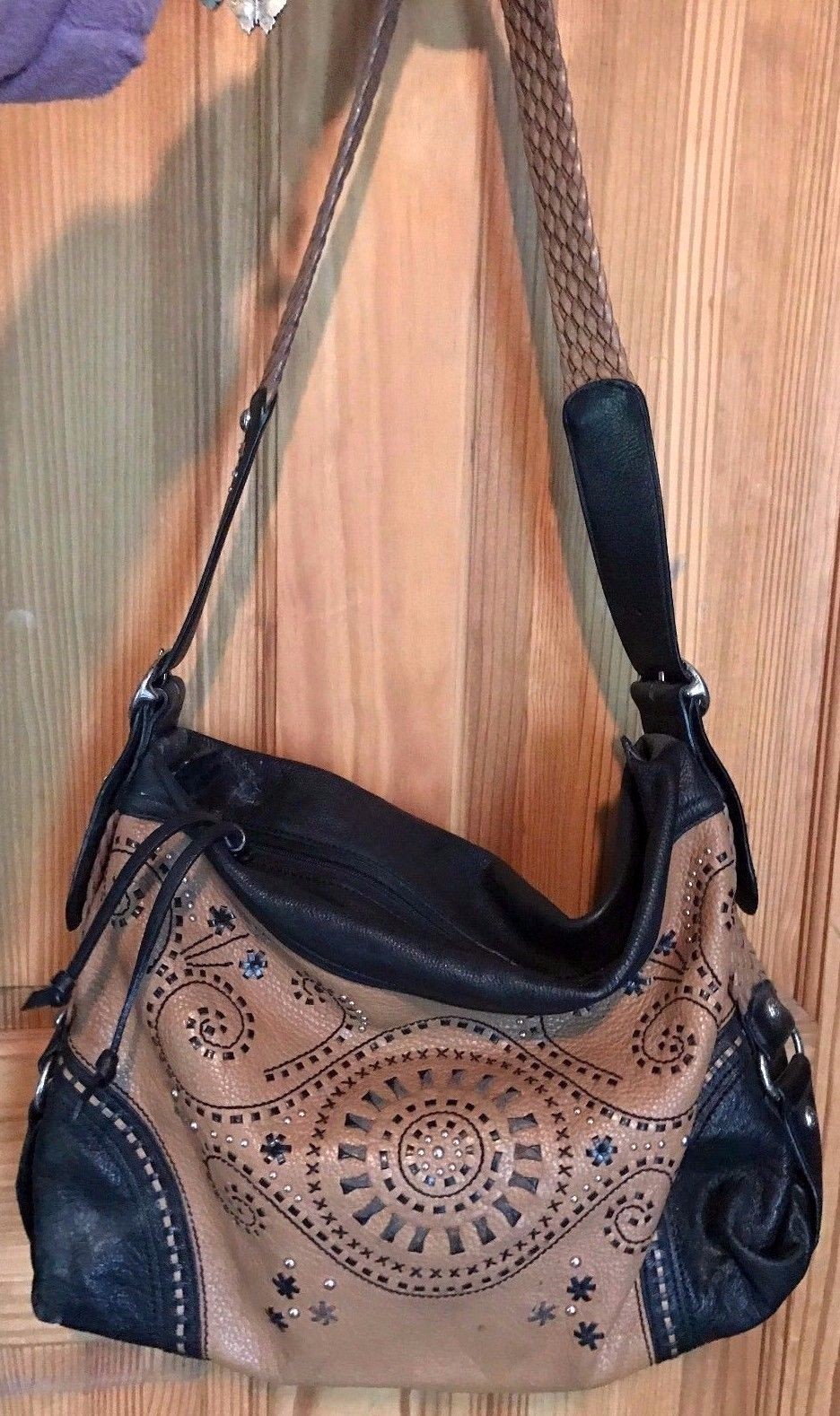 PONY BRIGHTON MONTREAL Fiori cuciti a mano borchiati 2 tonalità western Lg. BORSA A TRACOLLA