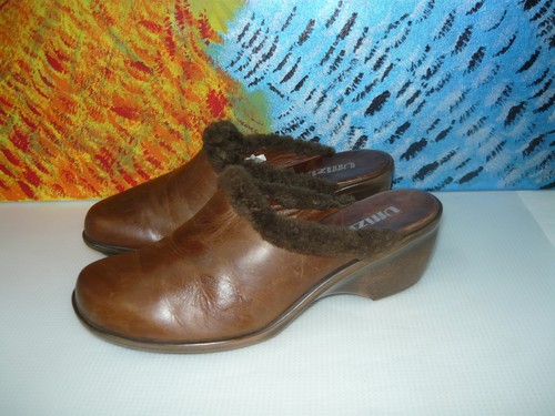 Uffizi Shearling Fur Trim Mule Wedge Heel Brown Leather Womens 8 - Picture 5 of 7