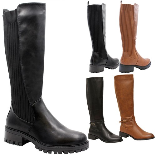 Ladies Sock Knee High Boots Womens Comfy Chunky Sole Calf Long Riding