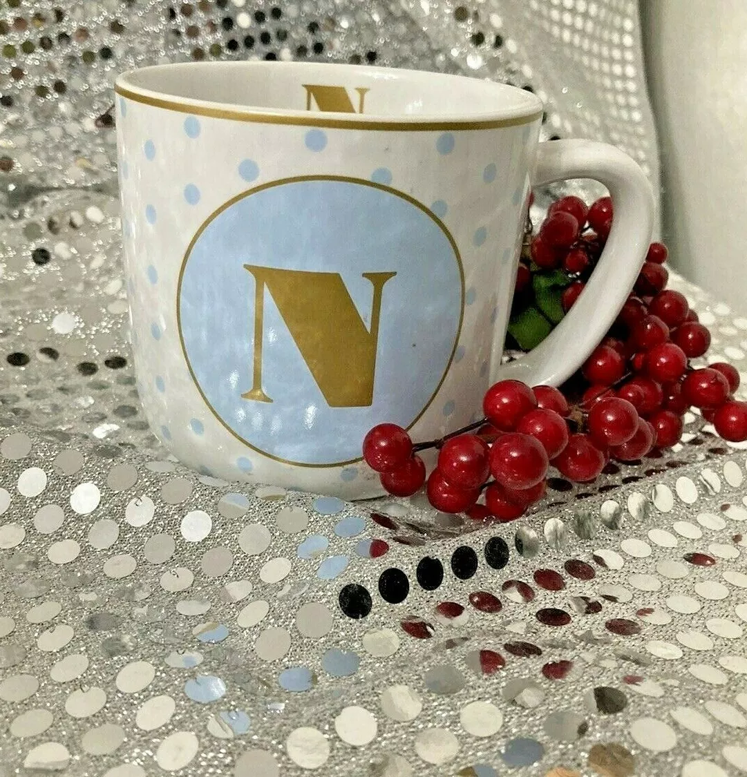 Monogram Initial N Letter Coffee Mug 16 oz White Blue Dots Gold Trim great  gift