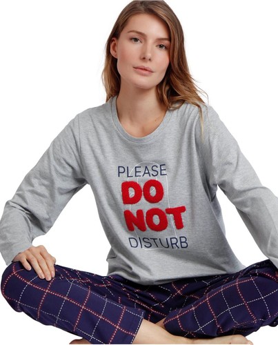 Pyjama Femme Manches Longues Stay At Home Do Not Disturb Col Rond Mêlé Coton - Afbeelding 7 van 8