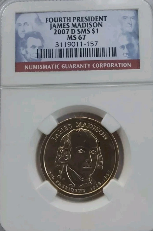 2007 D James Madison Commemorative Dollar-NGC MS67 SMS Statue Of Liberty Rev - Image 2 of 4